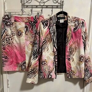 Harve Benard Suit Set Paisley Animal Print Pink Brown Matching‎ Jacket Skirt
